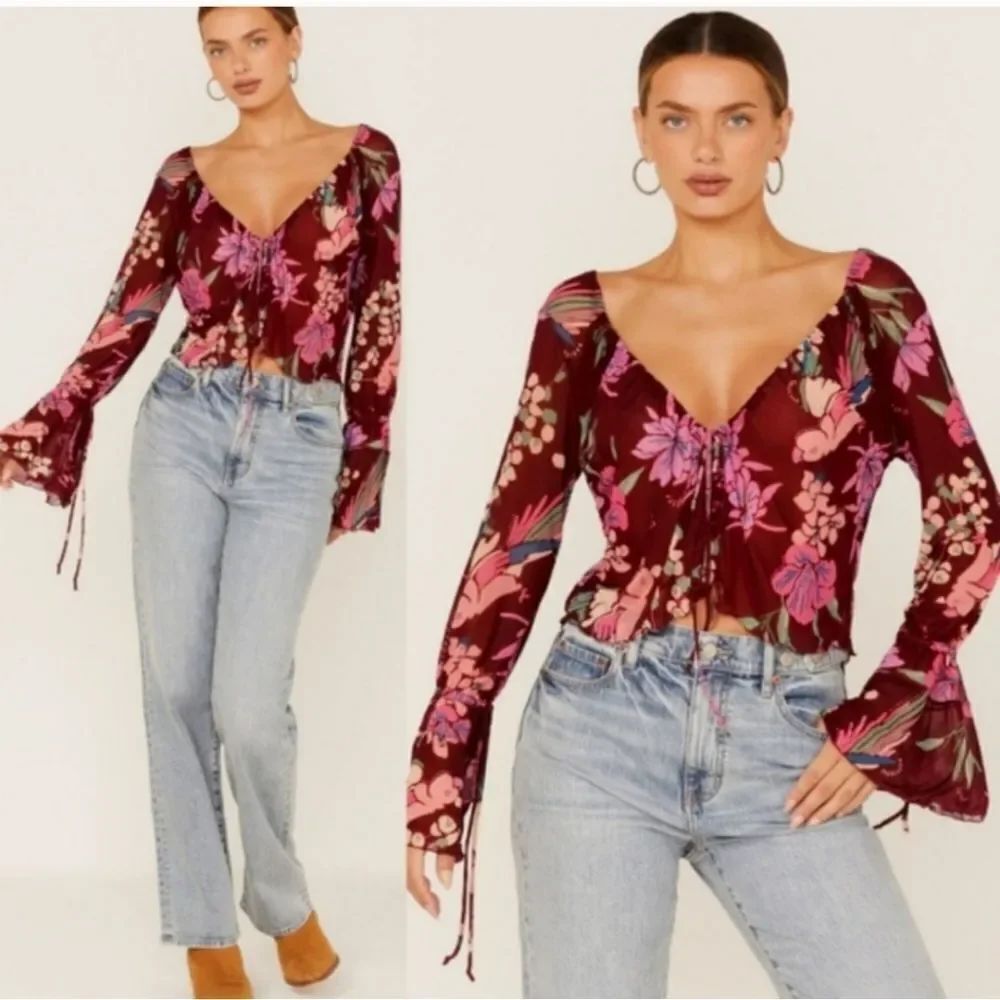 Free People Of Paradise Floral Bell Sleeve Top Size L